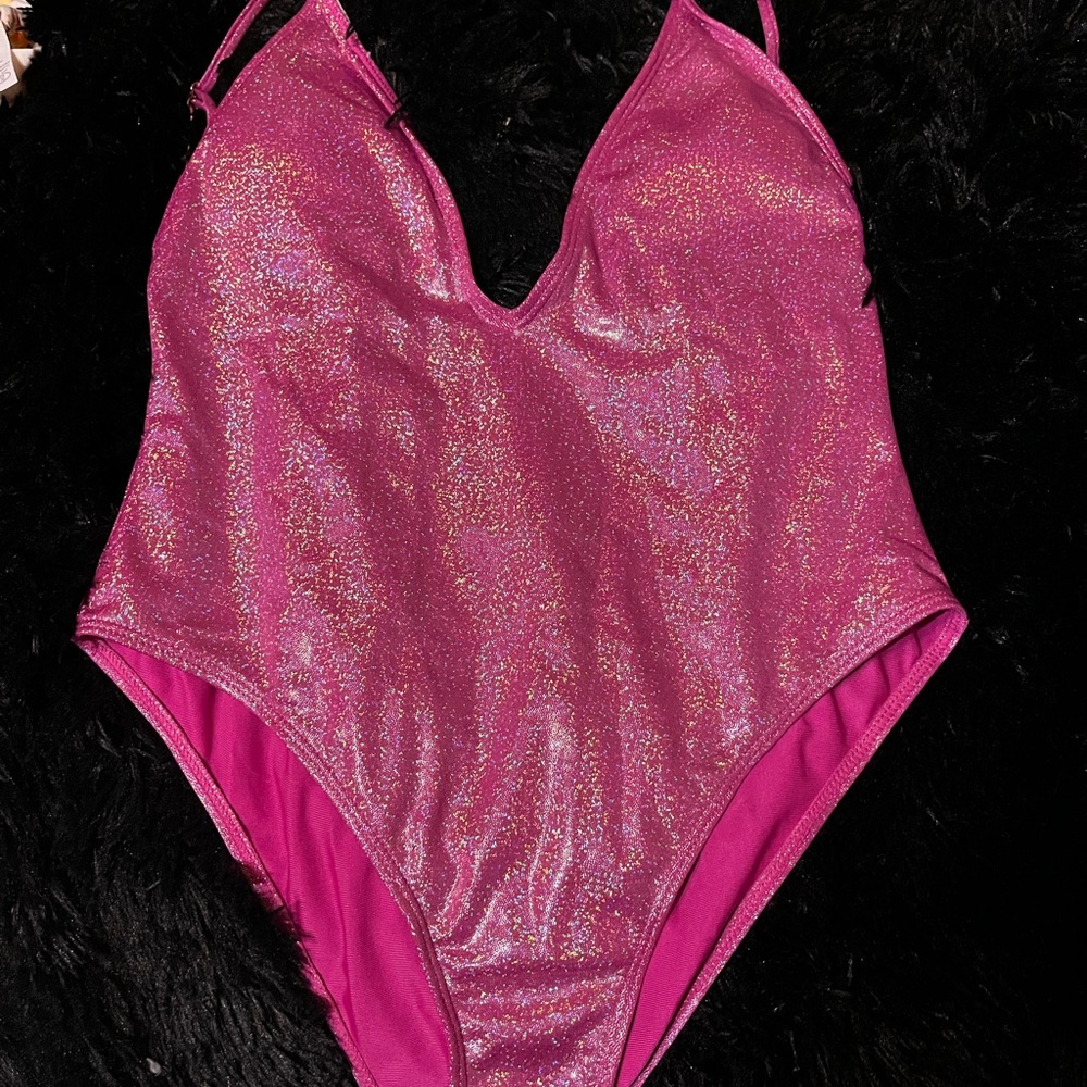 Hot pink glitter one piece bathing suit low cut